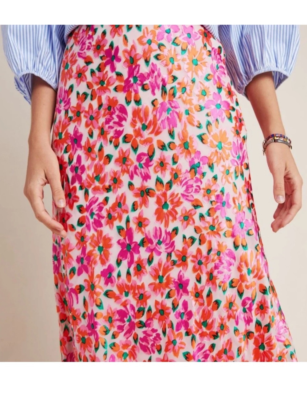Anthropologie Maeve Ravenna Bias Pink Orange Floral Midi Skirt M
